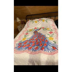 Vintage 1950s Chenille Peacock Bedspread With Floral Design King Size Retro Cott